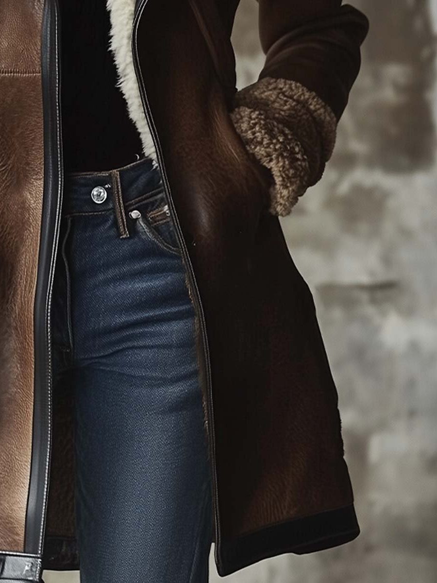 Velvorne | Women's Shearling Leather Long Winter Coat - Brown - Image 2