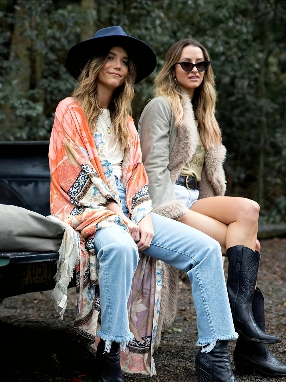 Vesna | Women's Floral Print Open Front Maxi Kimono - Orange - Image 2