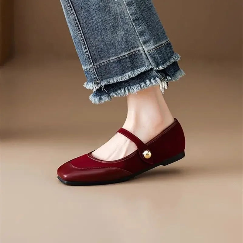 Welvaine | Women's Mary Jane Flats Square Toe - Burgundy - Image 2